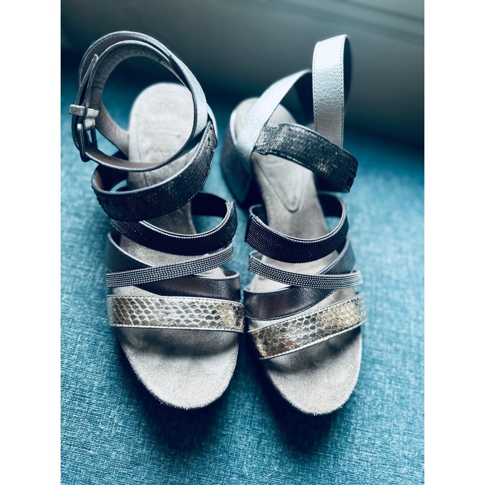 Brunello Cucinelli Metallic Multi-Strap Block Heel Sandals Silver toned IT 36